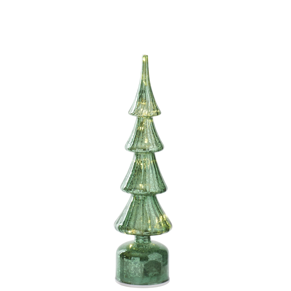 A medium illuminated green ribbed mercury glass Christmas tree decoration isolated on a white background.