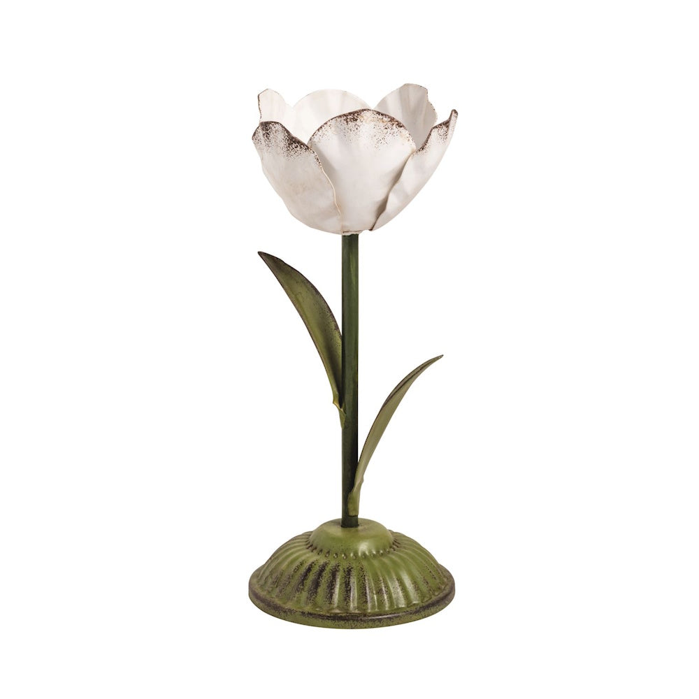 Distressed white metal tulip candle holder with a green stem and base, isolated on a white background for home decor.