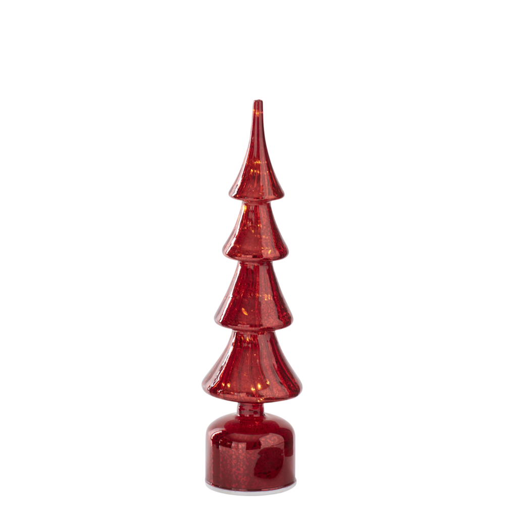 A medium-sized illuminated red glass Christmas tree decoration set against a plain white background.