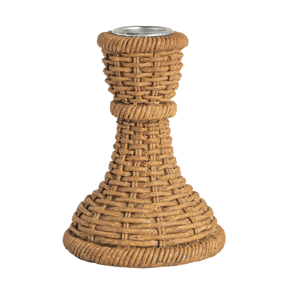 Woven resin taper candle holder in a natural brown finish with a wide base on a white background.