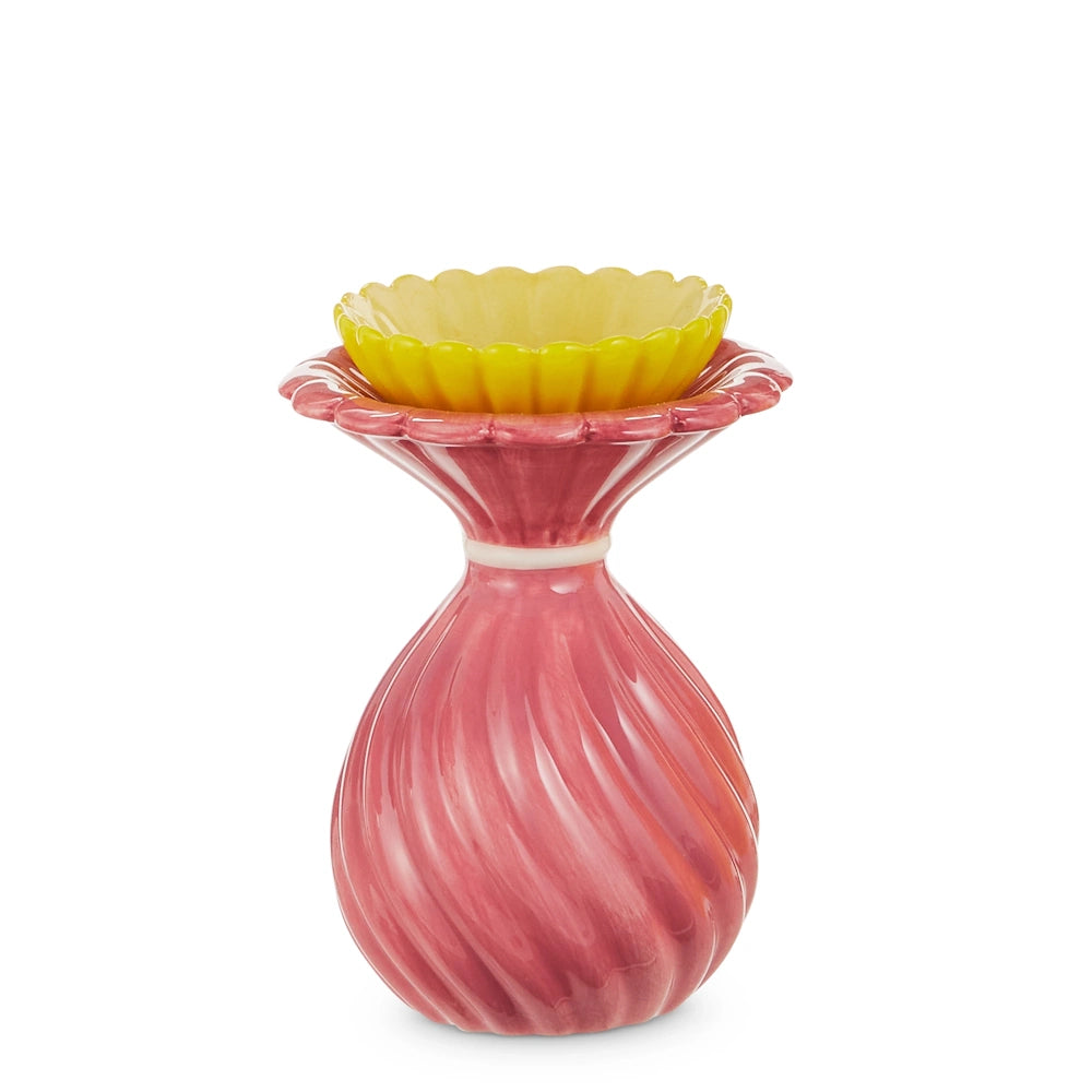 Pink ruffled ceramic bud vase with a yellow scalloped top and spiral texture. Ideal for whimsy home decor and floral styling.