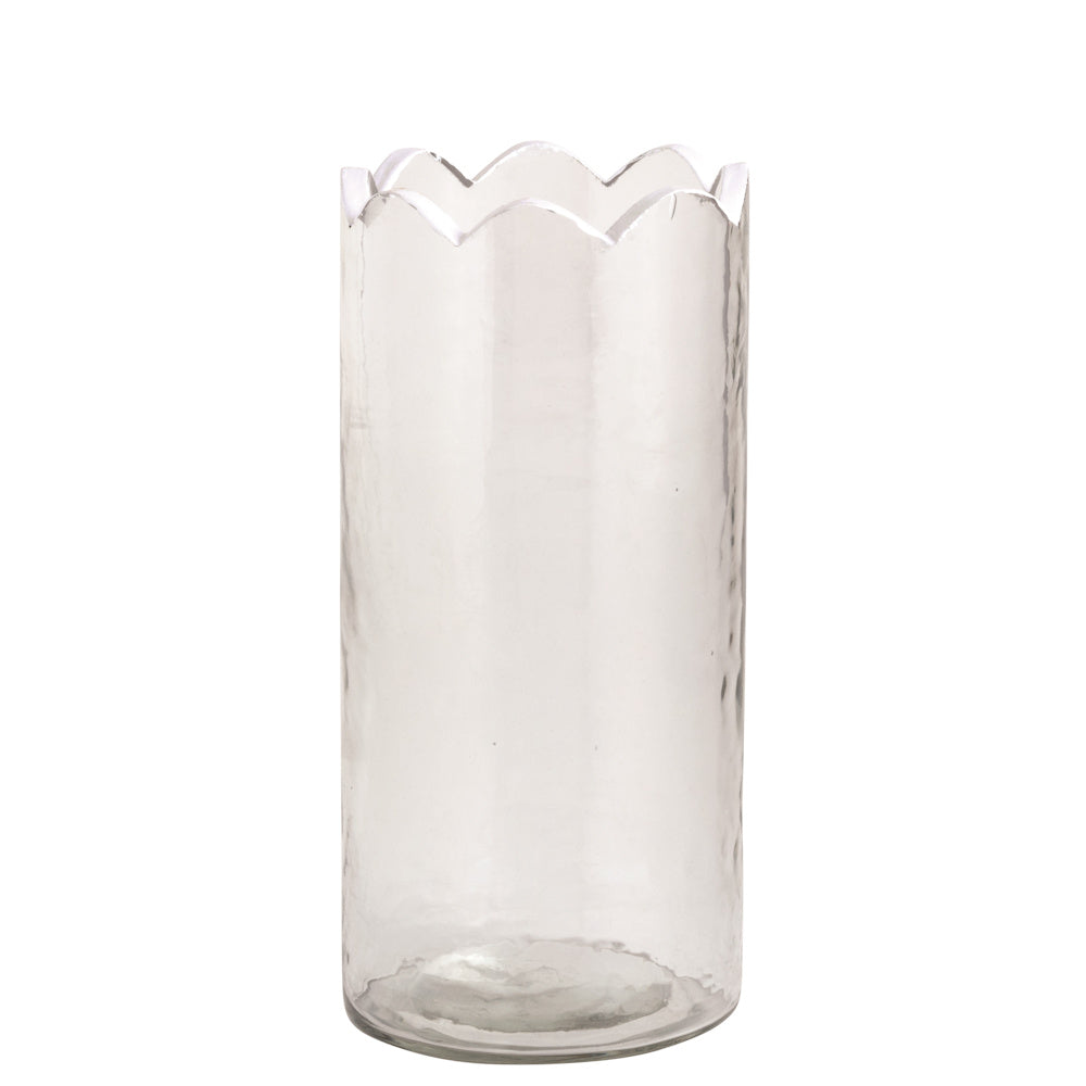Clear scalloped glass bud vase with a textured finish and wavy rim, ideal for minimalist floral arrangements.