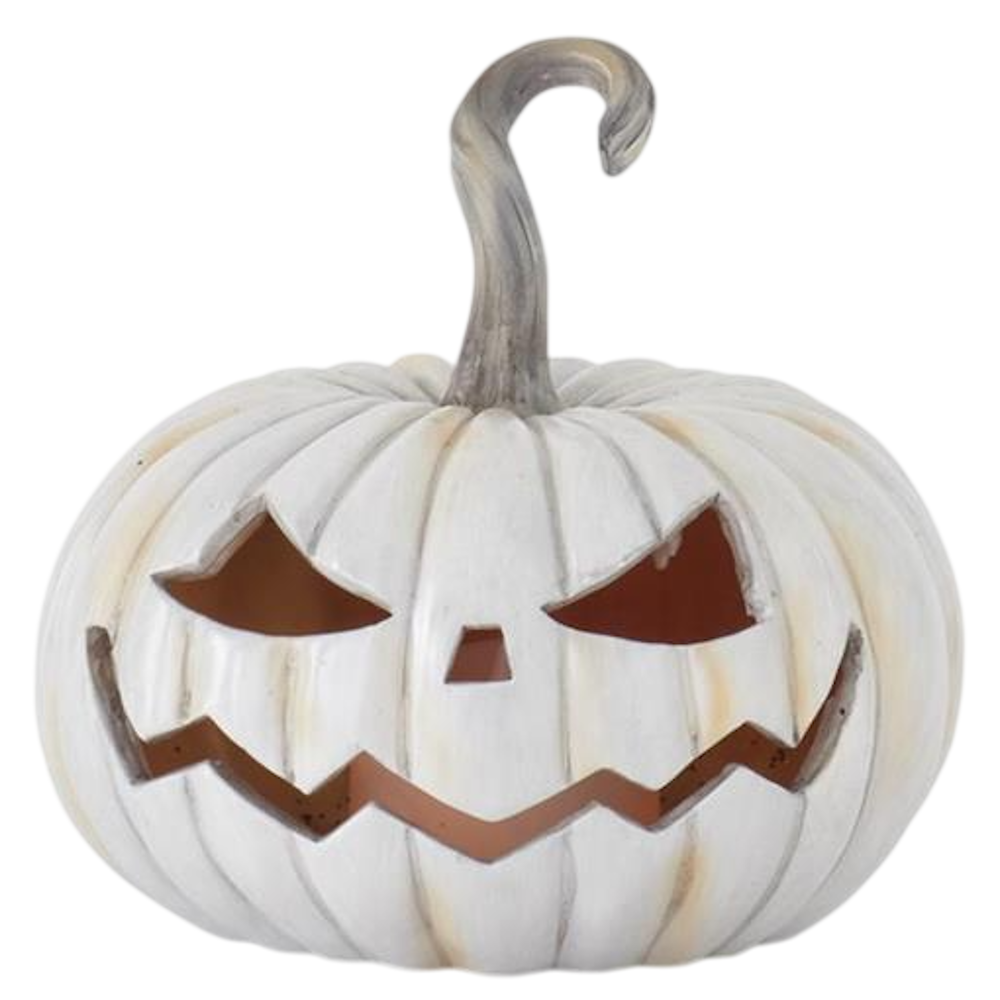 Gray resin Halloween jack-o'-lantern decoration with a carved smiling face and a tall curved stem.