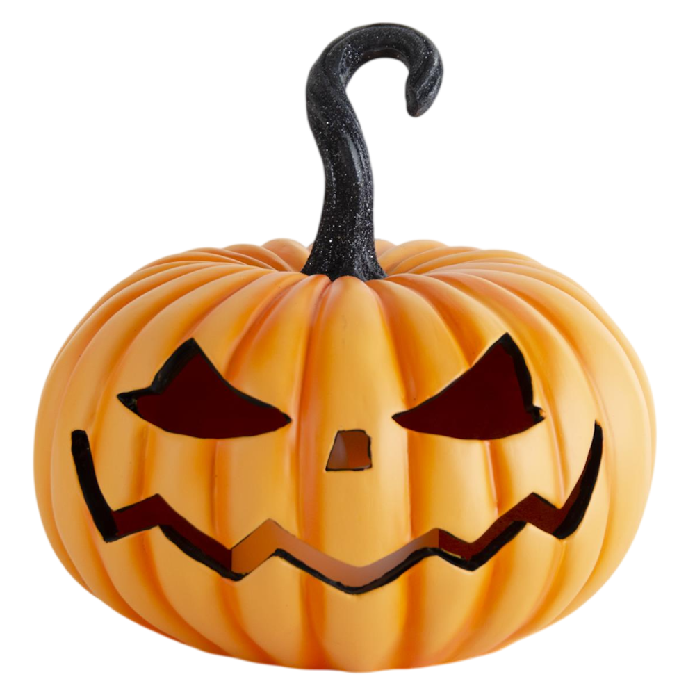 Orange resin jack-o'-lantern pumpkin with a spooky smile and curly black stem Halloween decoration.