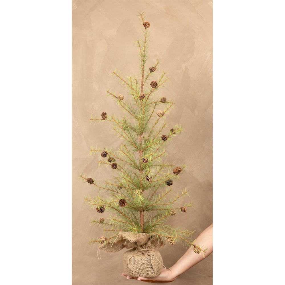 Small potted pine tree decorated with pinecones, held in hand against a warm beige backdrop.