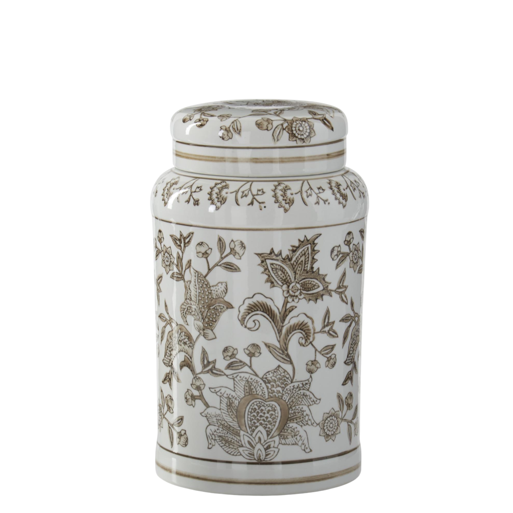 Taupe and white porcelain chinoiserie lidded jar with a floral motif and neutral accents.