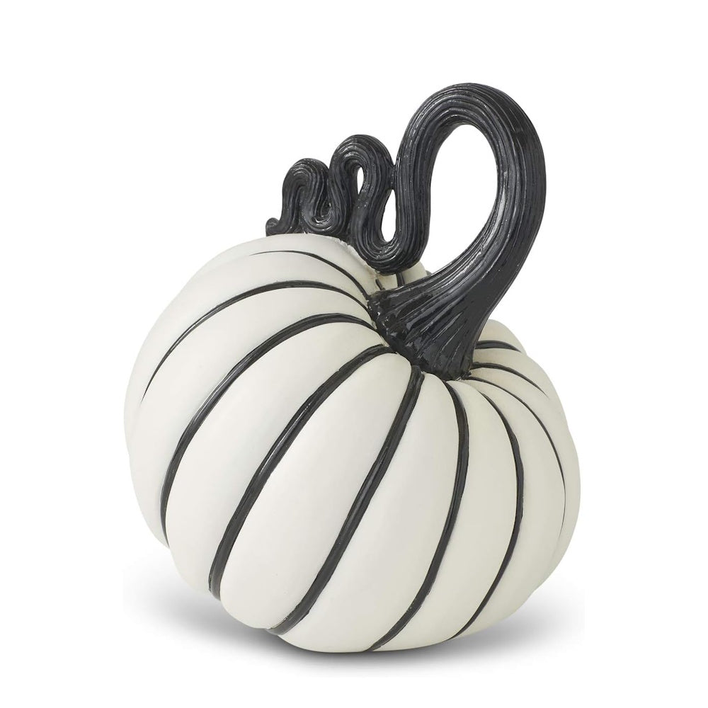 Decorative white pumpkin with black vertical stripes and a curled black stem.