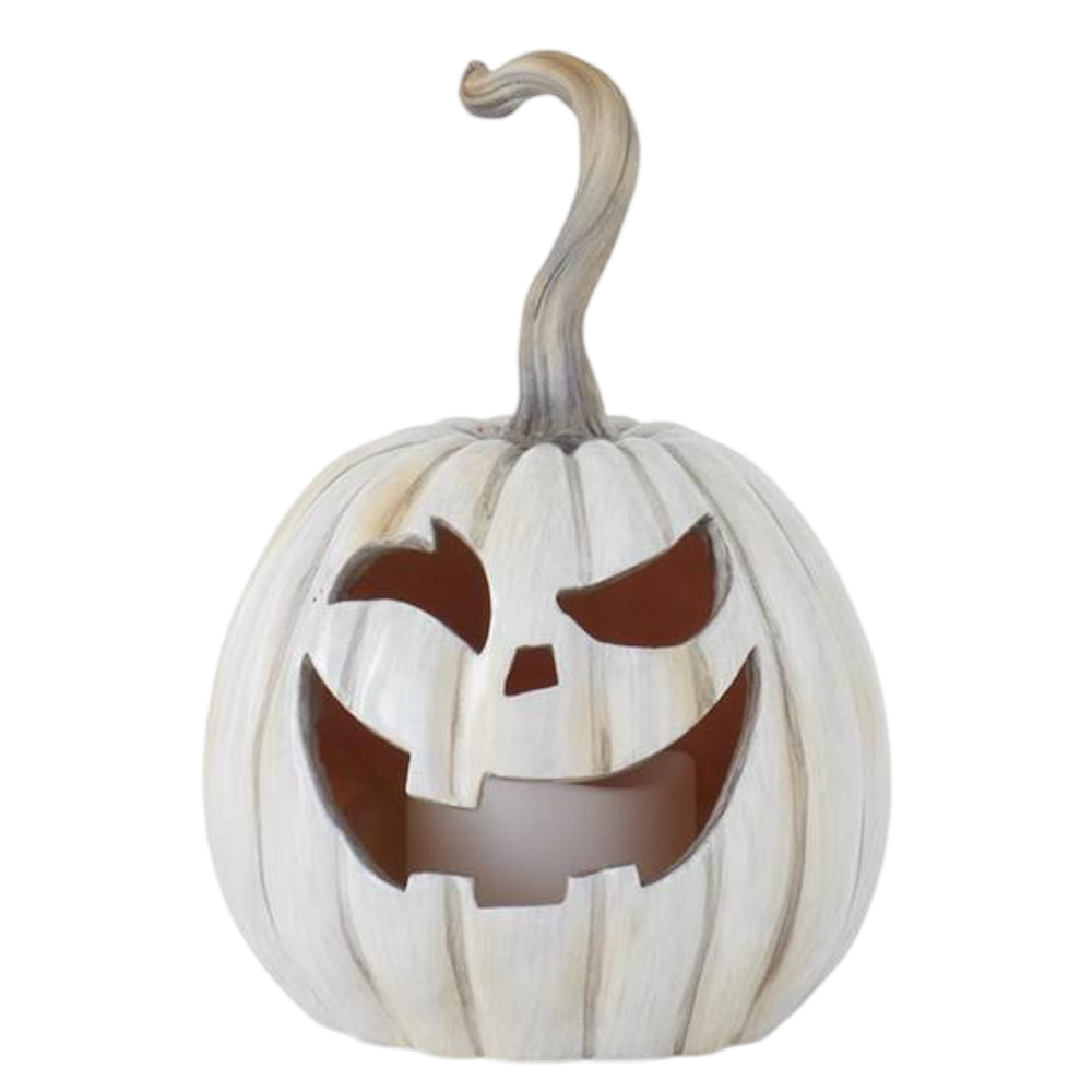 A winking white and gray resin jack-o'-lantern Halloween decoration with a long curved stem.