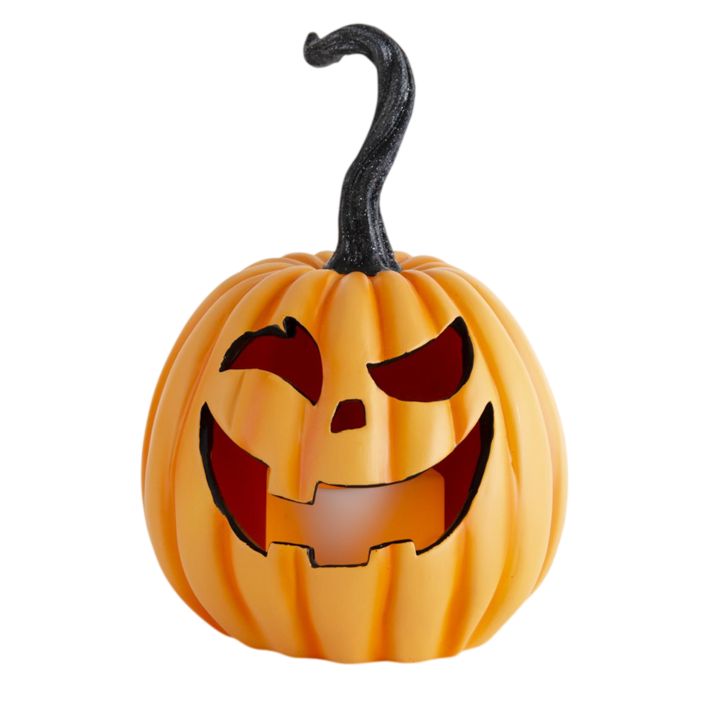 Winking orange resin jack-o'-lantern pumpkin Halloween decoration with a long black stem.