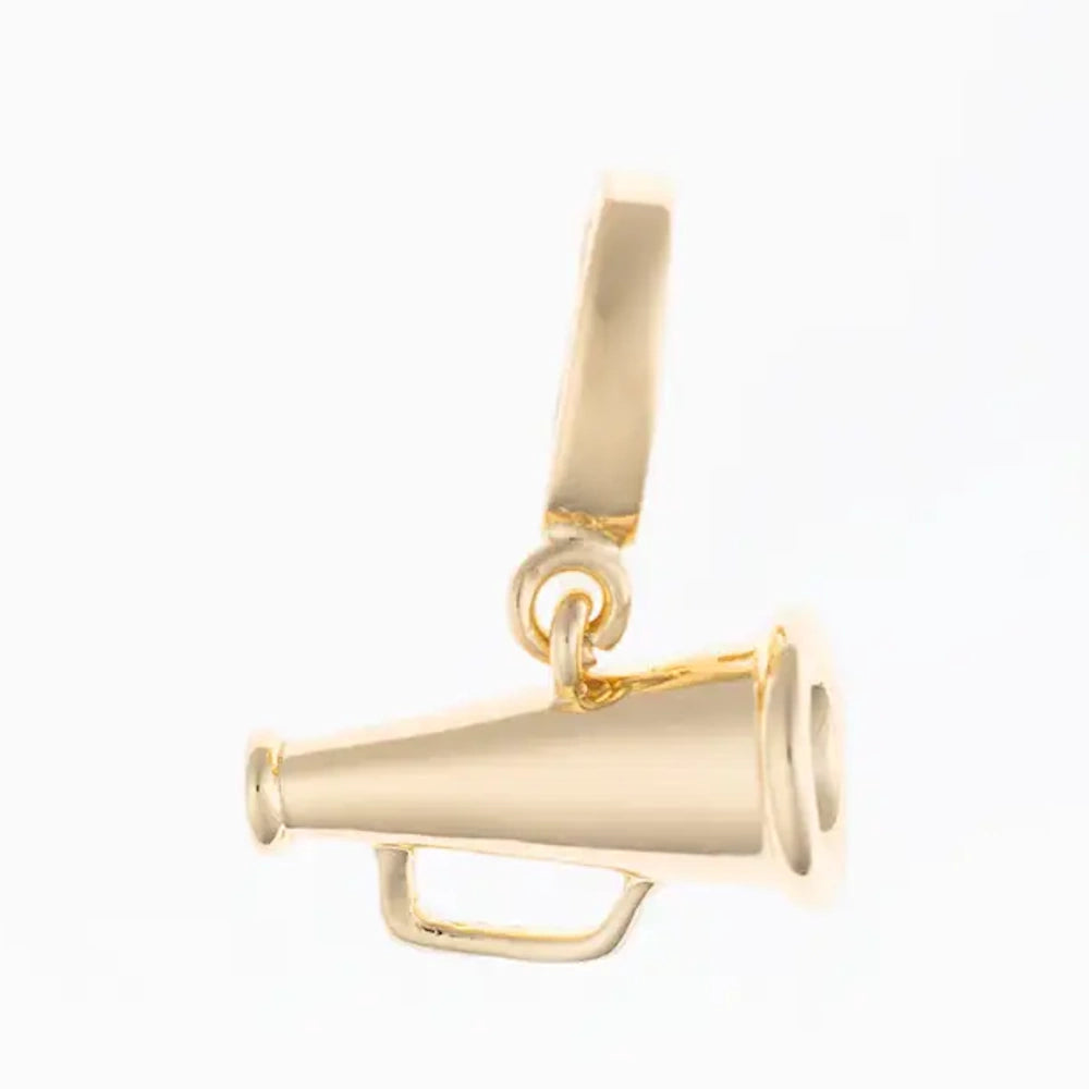 Polished gold megaphone pendant charm with handle detail on a white background.