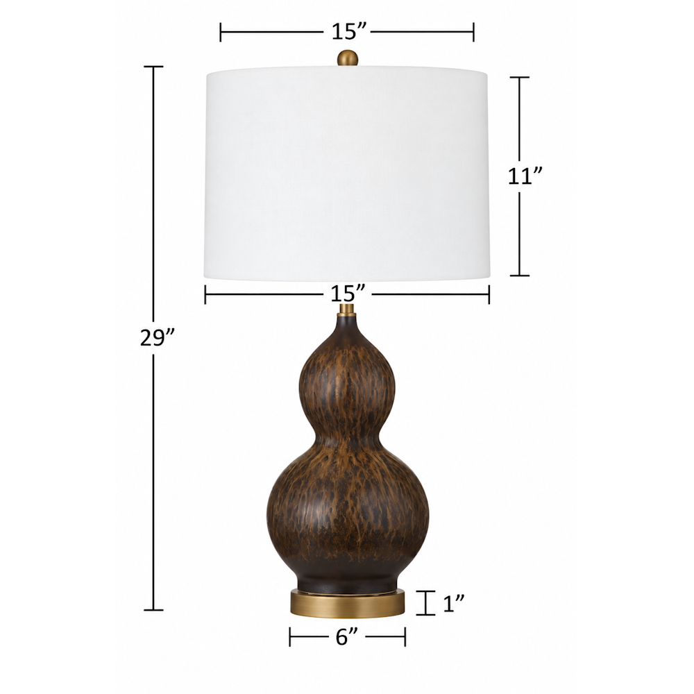 Double-gourd table lamp diagram with measurements: 29 inches overall height and 15-inch wide white drum shade.