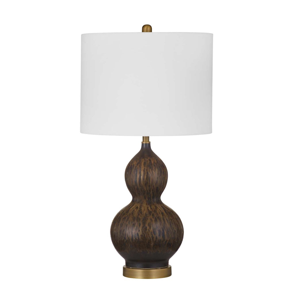 Modern double-gourd table lamp with a dark mottled bronze base and a white drum shade.