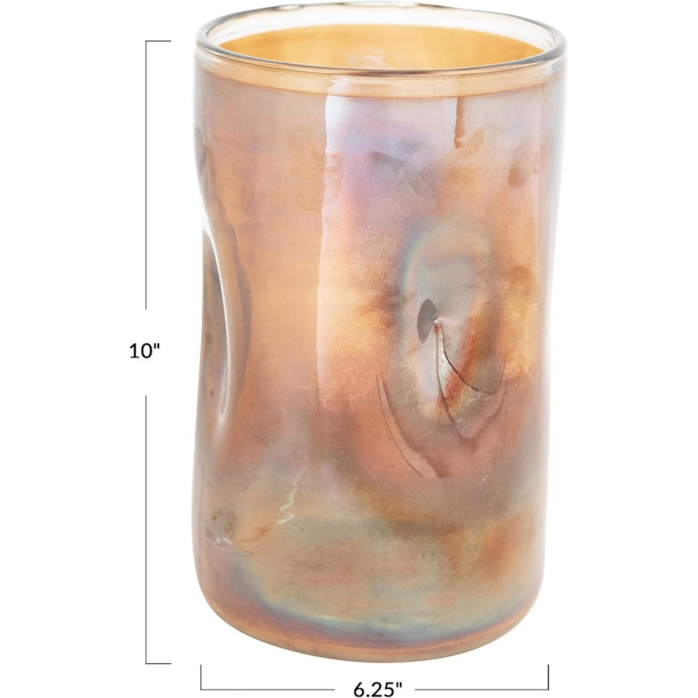 Iridescent glass vase with side indentations, labeled 10 inches high and 6.25 inches wide.