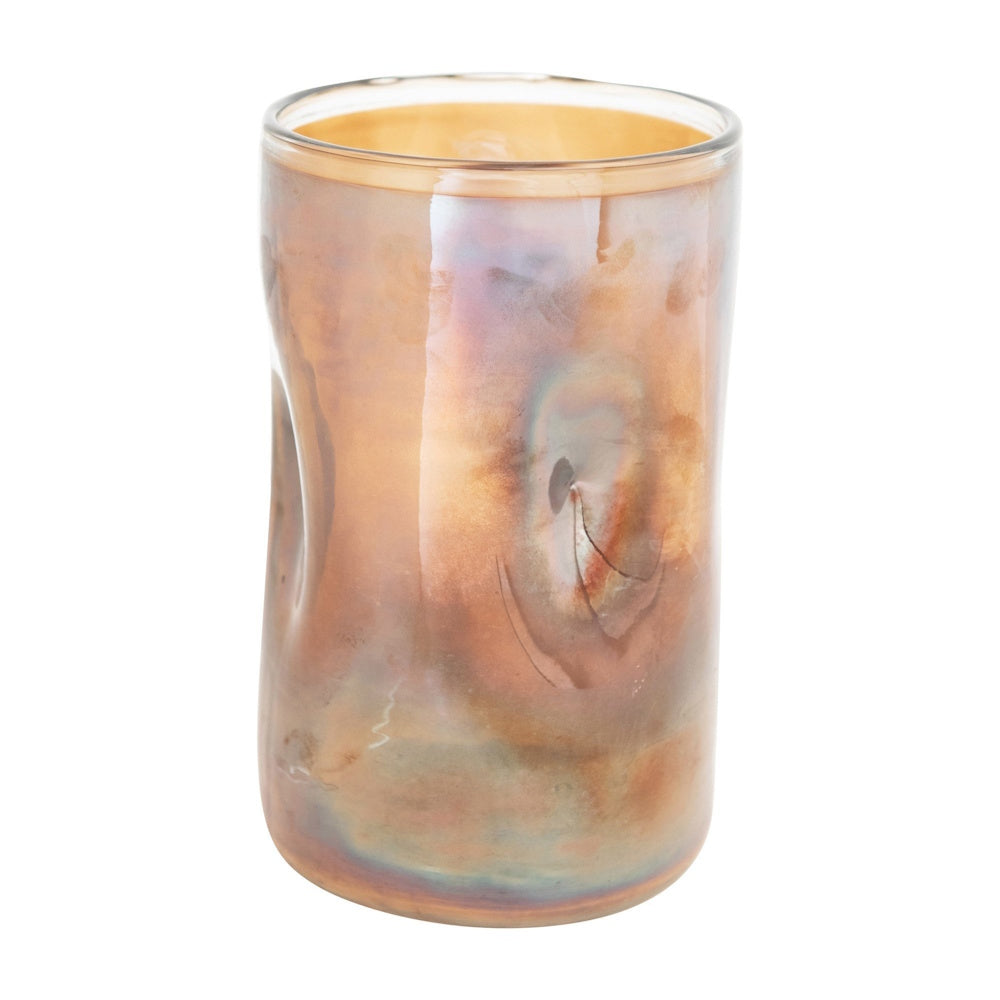 Iridescent amber glass vase with indented sides on a plain white background.