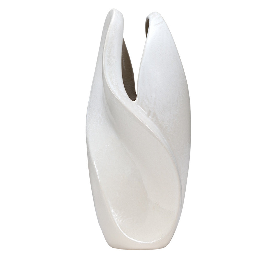 Modern white ceramic tall vase with a sculptural, twisting flame-like design and a smooth, glossy finish on a white backdrop.