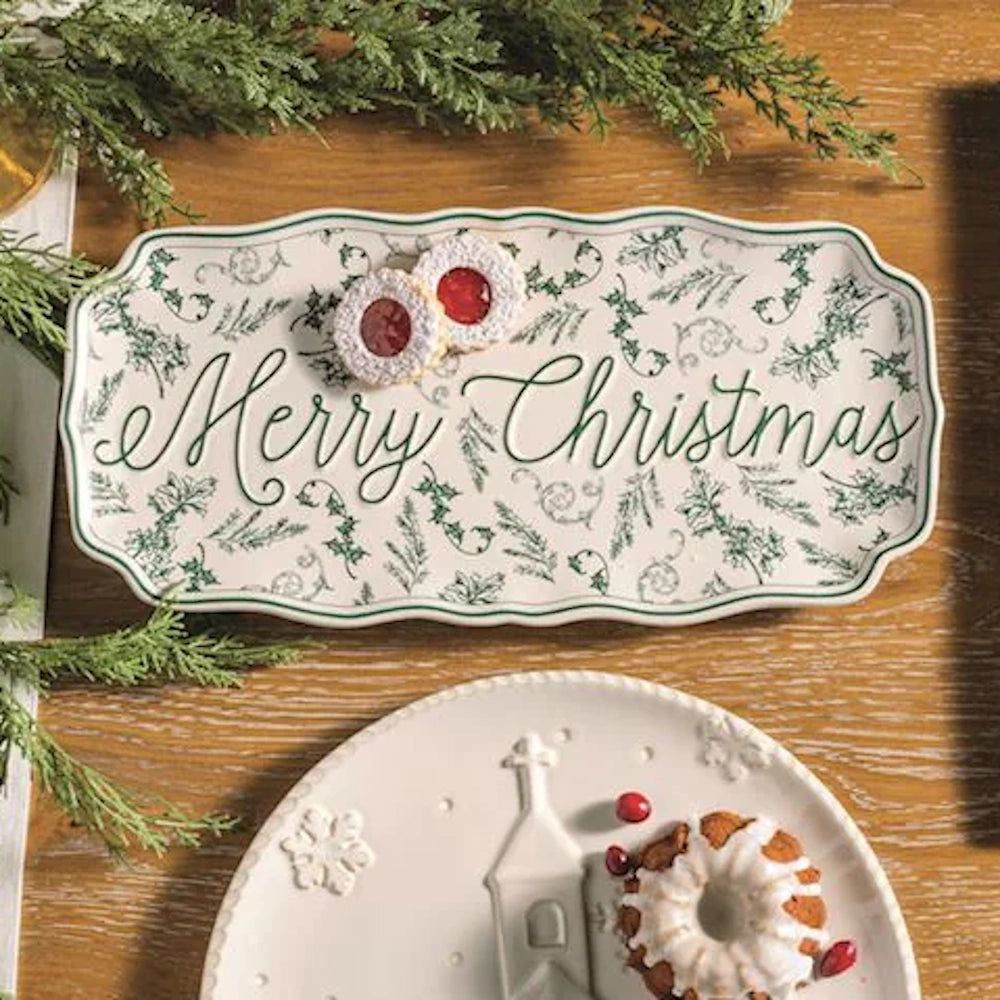 Merry Christmas Green Toile Tray