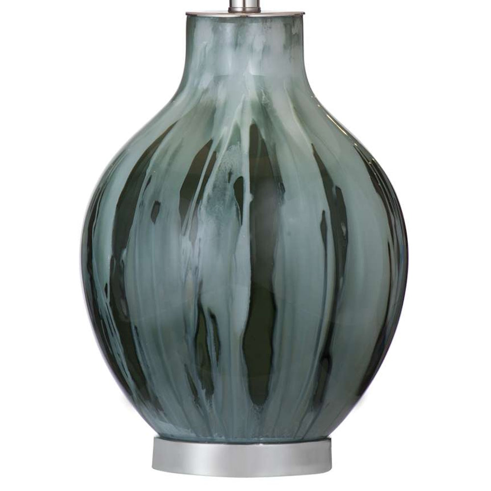 A blue and grey marbled glass lamp base with a round body and a silver metallic stand.