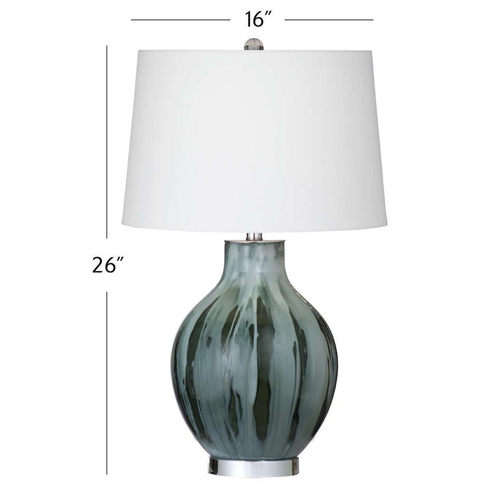 Modern table lamp with a blue marble glass base and white drum shade. Dimensions: 26 inches tall, 16 inches wide.