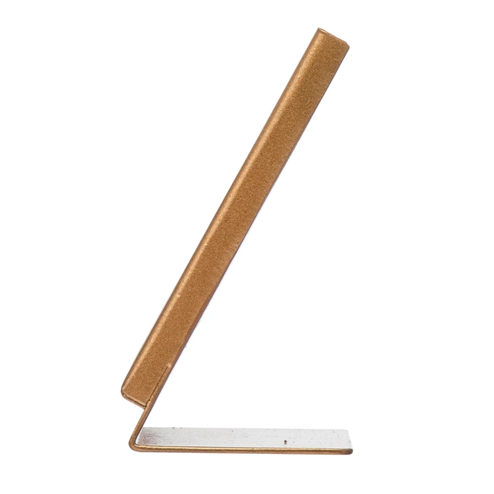 Side-profile of a modern gold metal easel picture frame stand with a minimalist angled design on a white background.