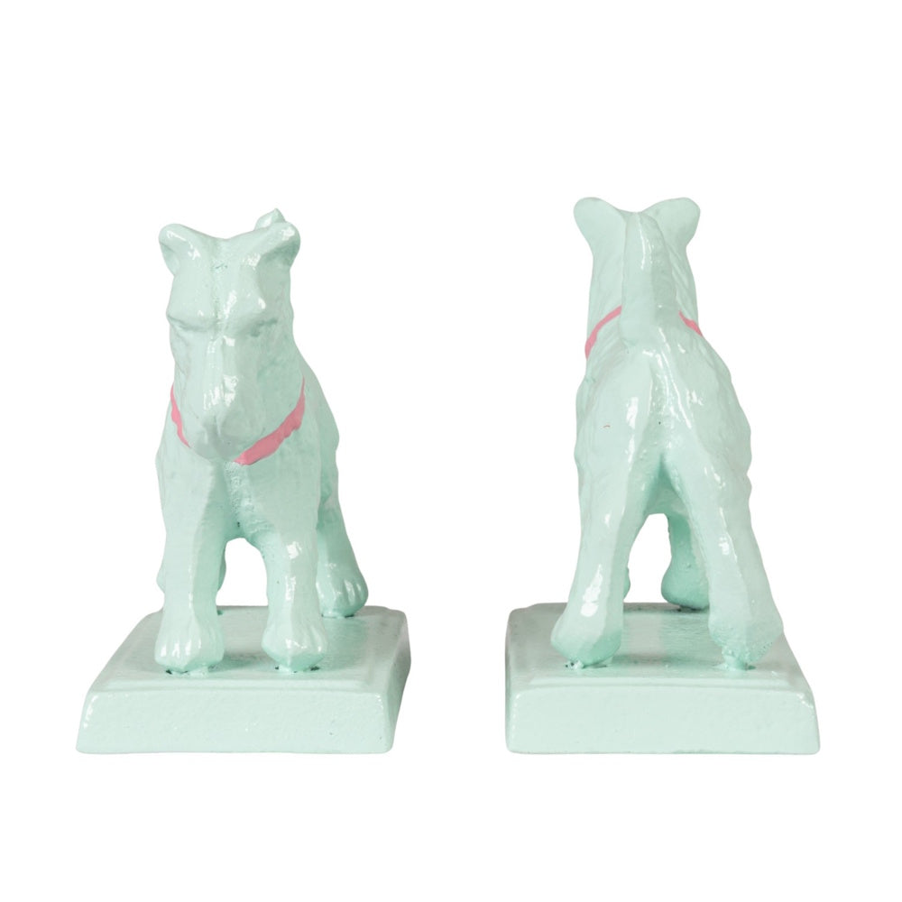 Front and back views of light green Scottish Terrier dog bookends with pink collars on a white background.