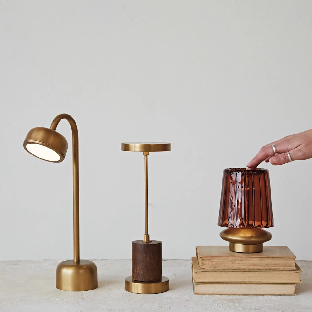 Modern gold metal and mango wood LED table lamps arranged on a neutral surface with vintage books.