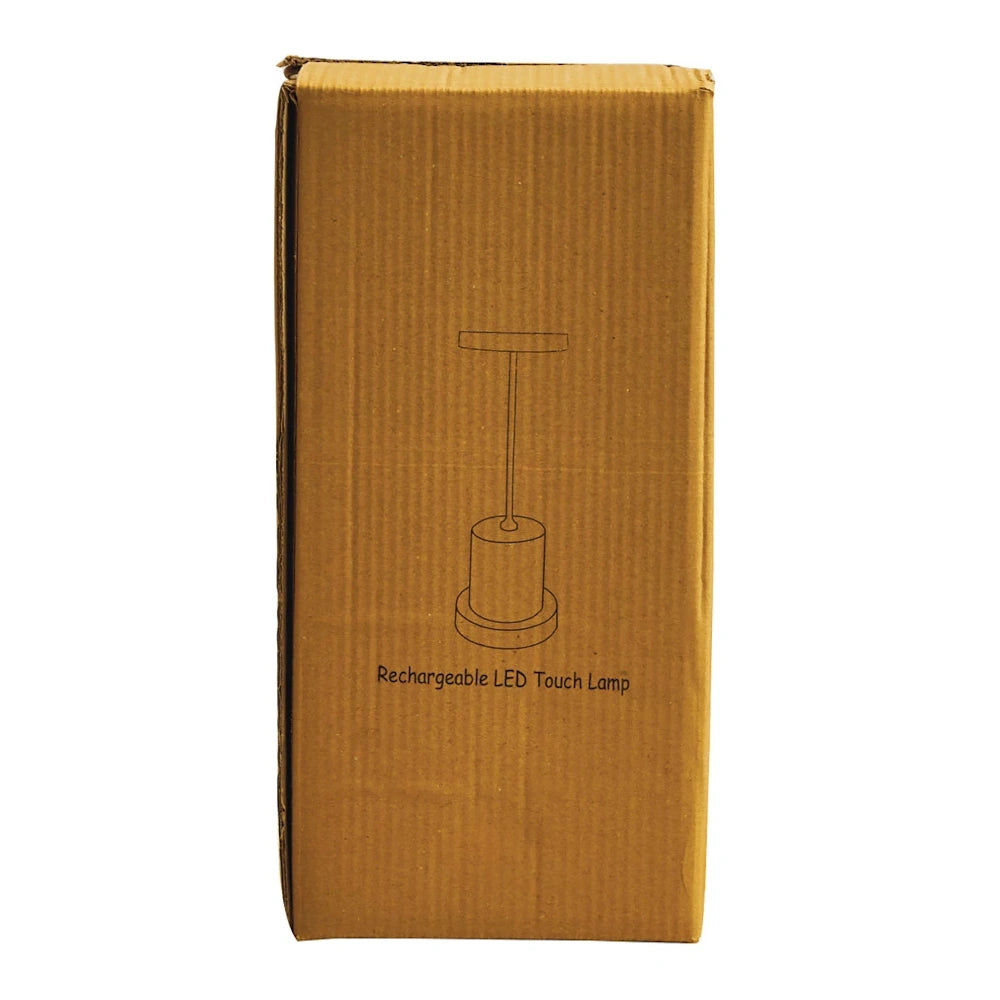 Cardboard packaging for a Rechargeable LED Touch Lamp featuring a minimalist line drawing of the modern table lamp.
