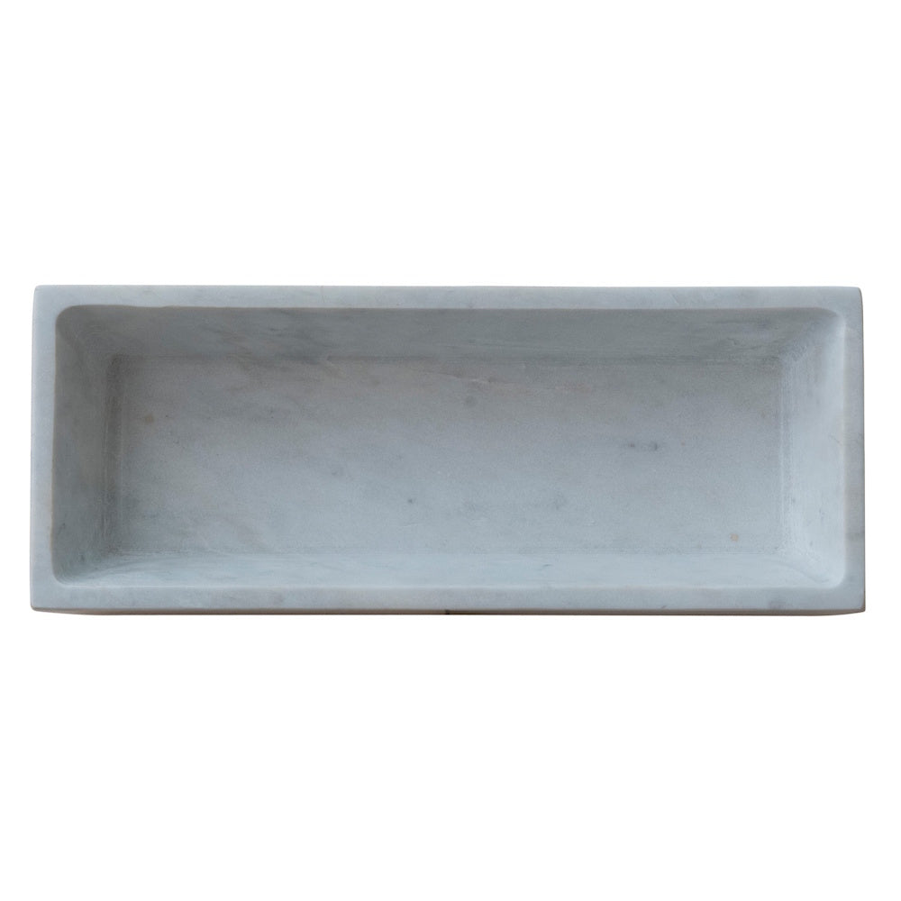 Top-down view of a rectangular white and grey marbled stone container or tray.