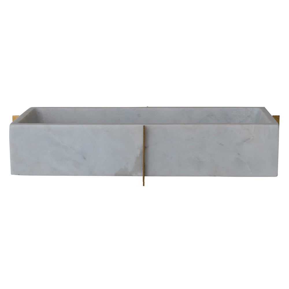 Rectangular white marble container in a gold metal stand for modern home decor and organization.