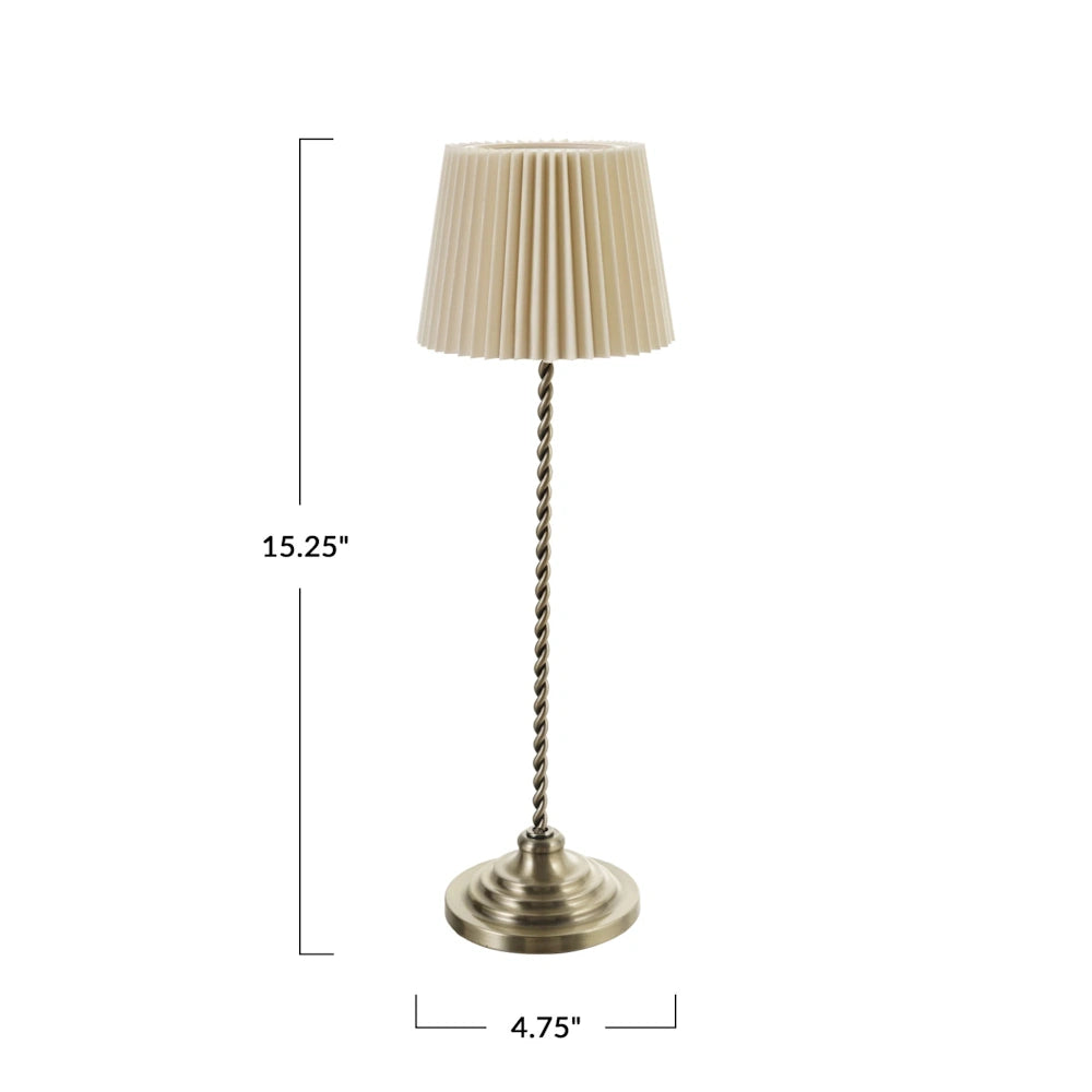 Front view of a rechargeable metal table lamp with dimension overlays showing 15.25 inches height and 4.75 inches base width.