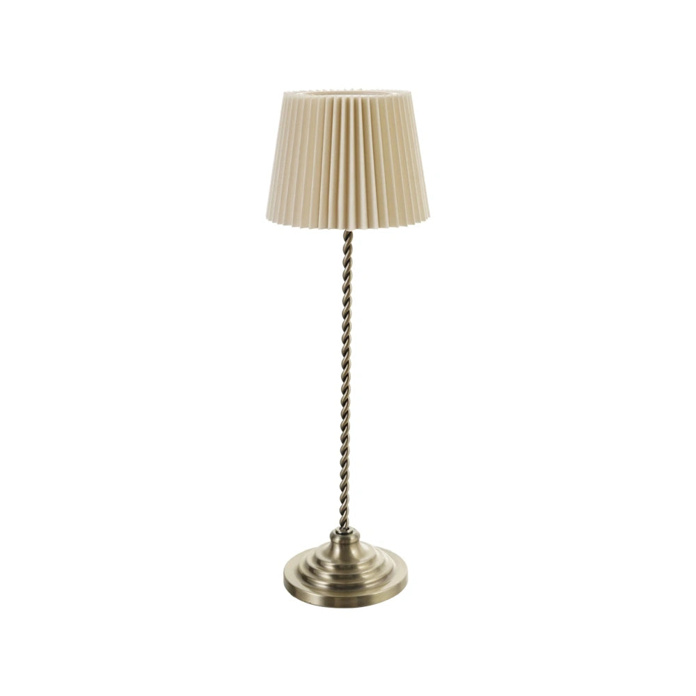 Front view of a rechargeable metal table lamp featuring a twisted stem and beige pleated shade.