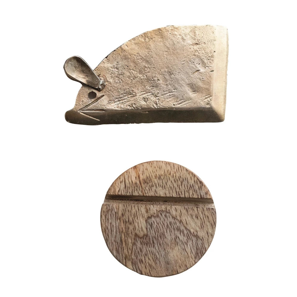 Metal mouse-shaped cheese knife with a textured finish and a circular mango wood storage base on a white background.