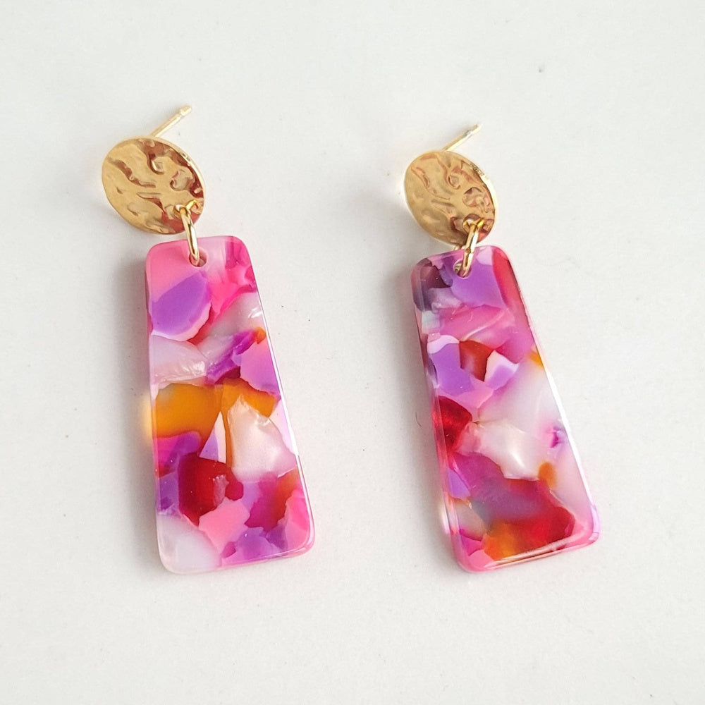 Mia Mini Paradise Pink rectangular acetate drop earrings with hammered gold studs.