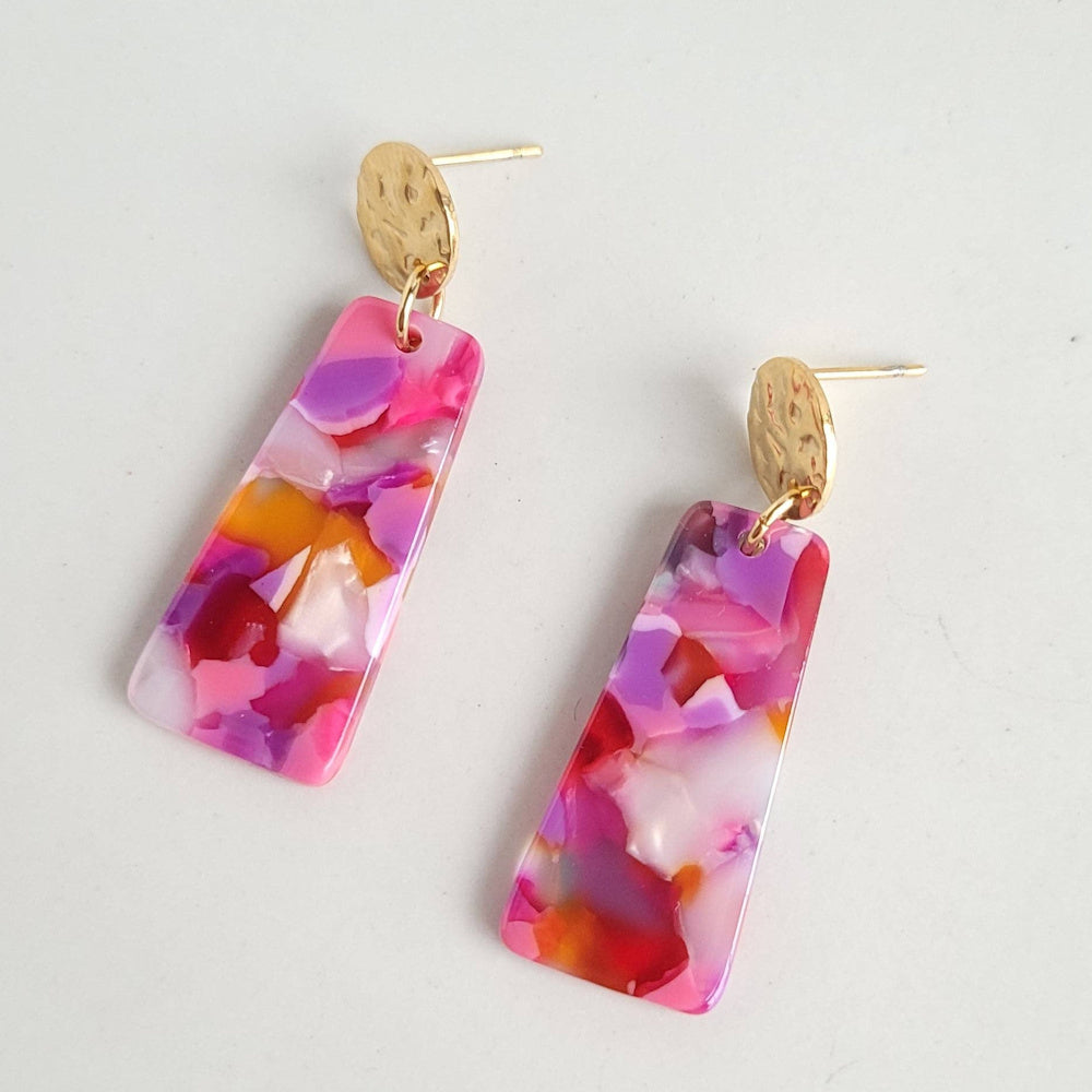 Mia Mini paradise pink acetate drop earrings with hammered gold studs and colorful mosaic pattern.
