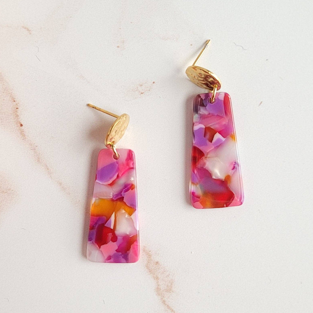 Paradise Pink Mia Mini mosaic resin drop earrings with hammered gold studs on a white marble background.