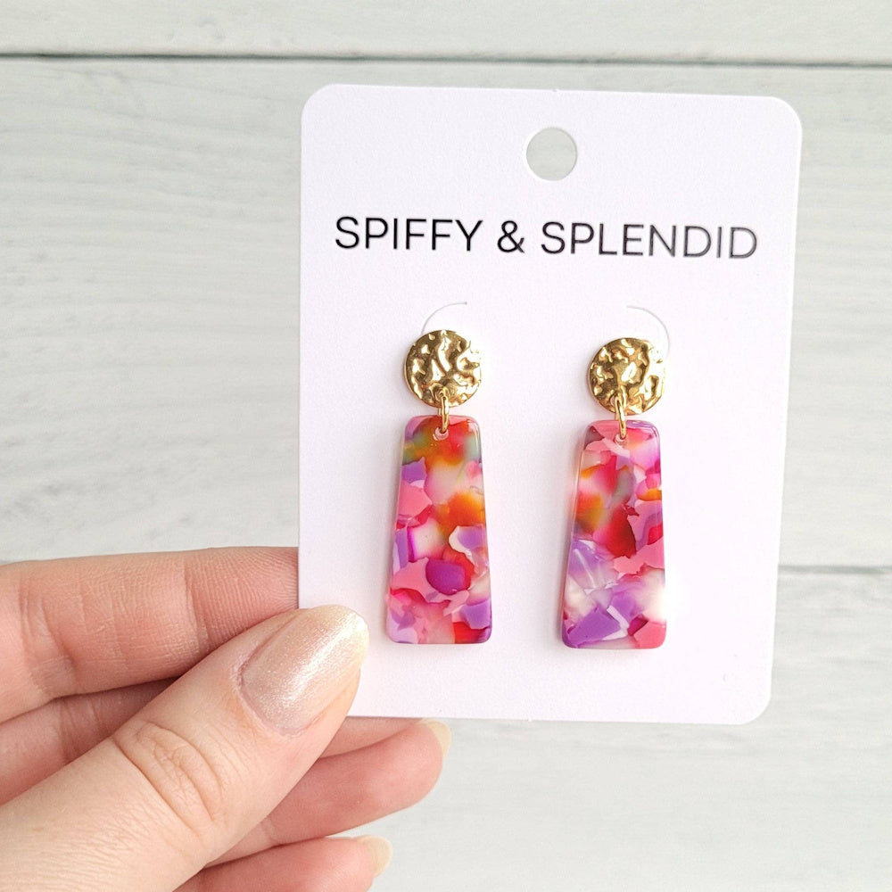Spiffy & Splendid Mia Mini Earrings in Paradise Pink, featuring colorful marbled resin drops on hammered gold studs.