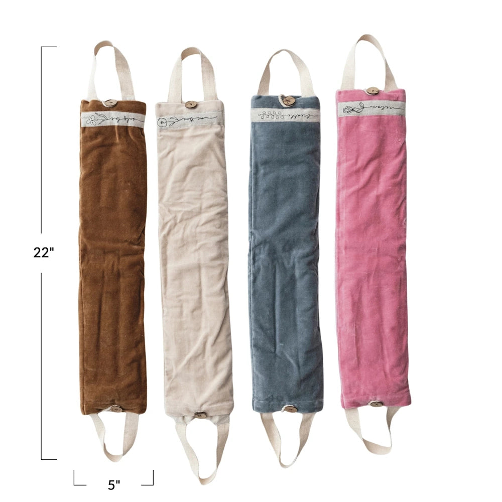 Microwavable velvet neck wraps in brown, cream, blue, and pink. 22x5 inch hot-cold therapy packs with handles.
