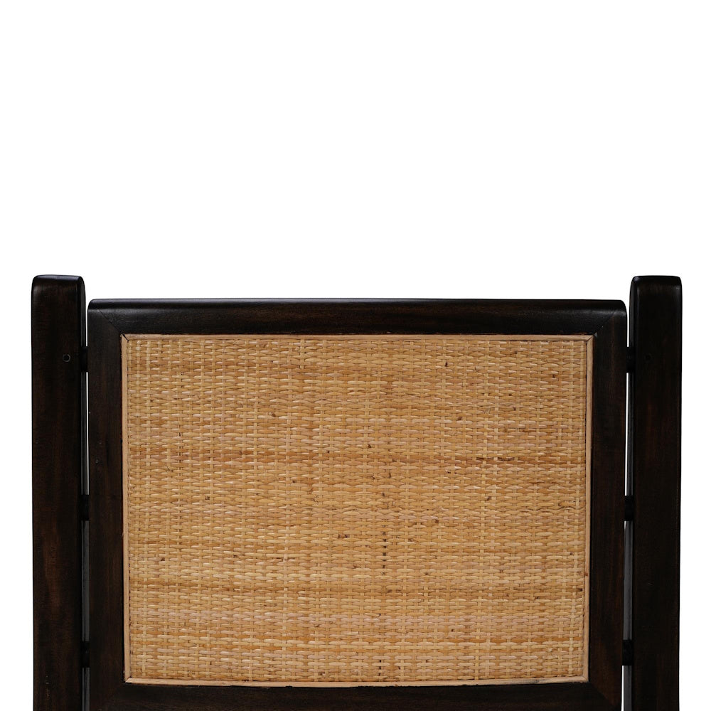 Close up of Milano dining chair woven rattan back with dark wood frame.