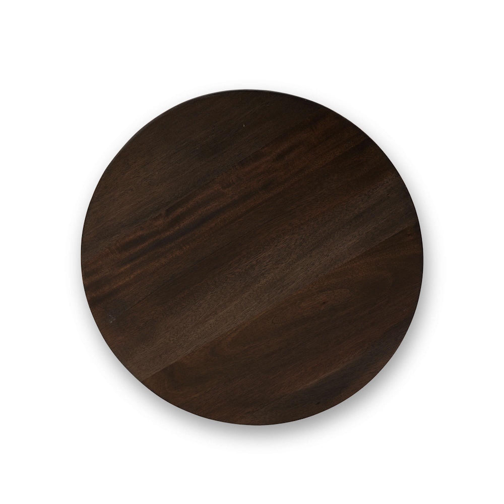 Milano dark wood round side table top showing natural grain pattern from a bird's eye view.