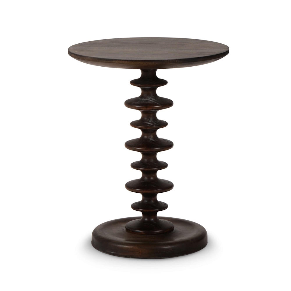 Milano dark brown round wooden side table with a decorative ribbed pedestal base.