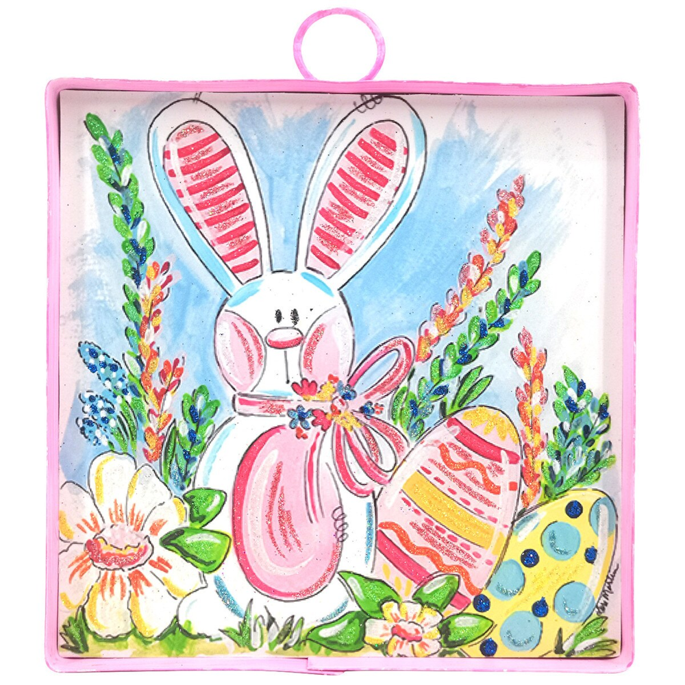 Whimsical Easter bunny illustration with colorful eggs and flowers in a pink frame. Simple, hand-drawn art style.