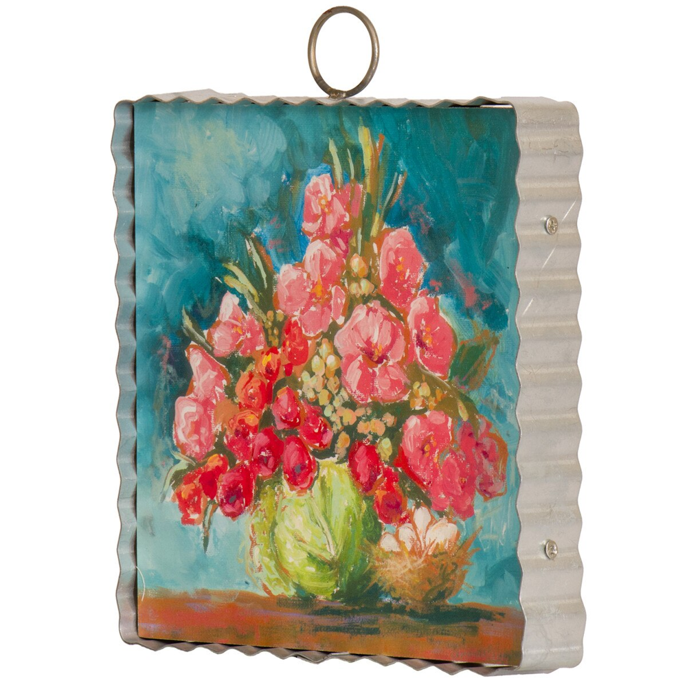 Colorful oil painting of pink and red flowers in a green cabbage vase with a bird's nest on a teal background.