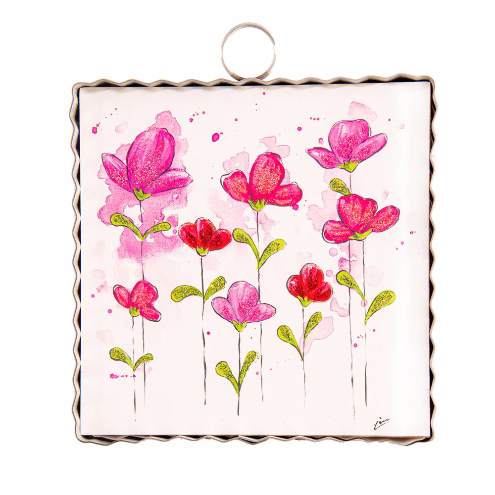 Watercolor pink and red flower garden mini art print in a scalloped metal frame with a hanging loop.