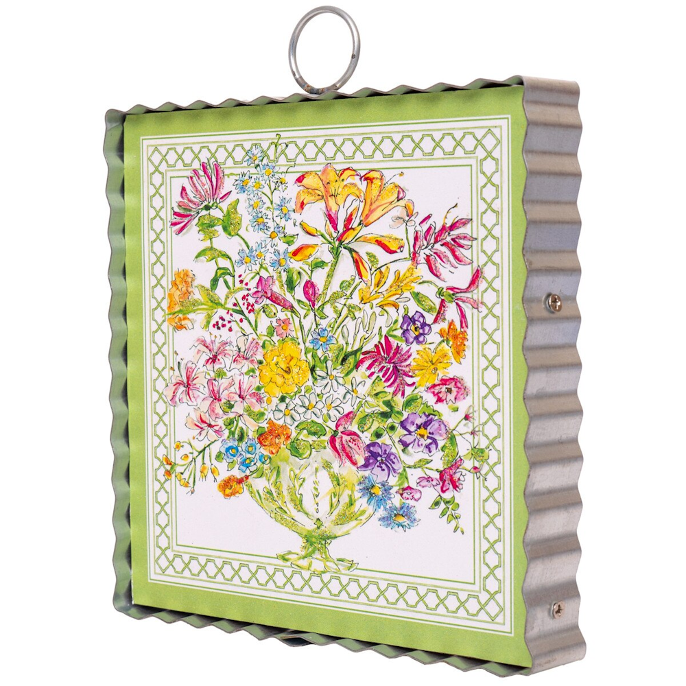 Colorful floral bouquet illustration in a green trellis border inside a square corrugated metal frame.
