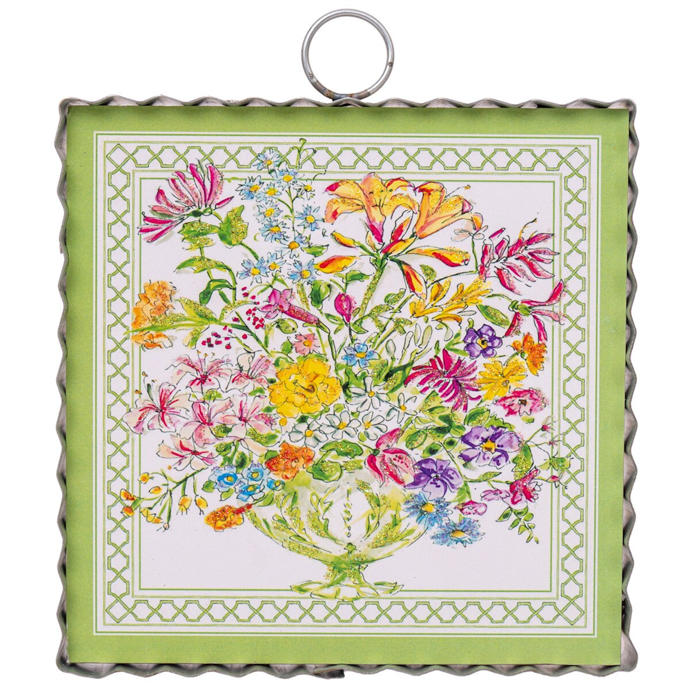 Colorful floral watercolor illustration in a green trellis border, featuring a yellow vase with mixed garden flowers.