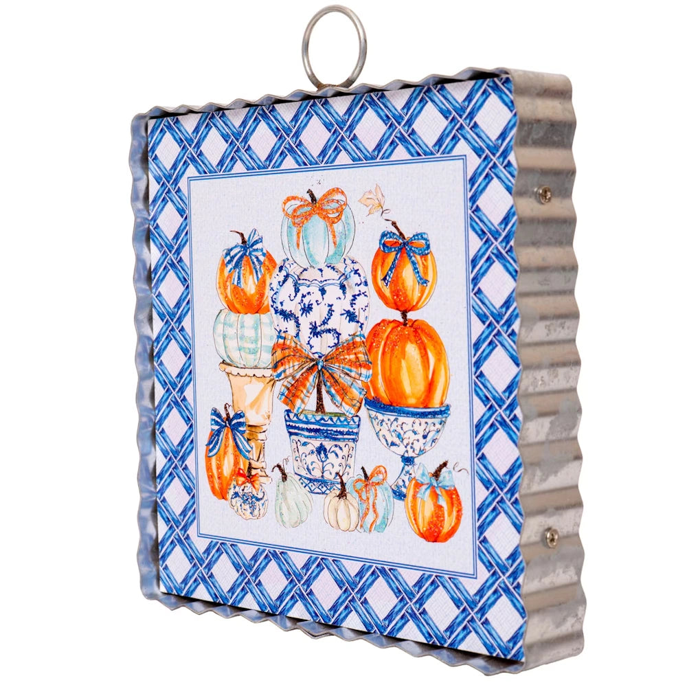 Square mini gallery board featuring a blue lattice pattern and a fall pumpkin topiary illustration.