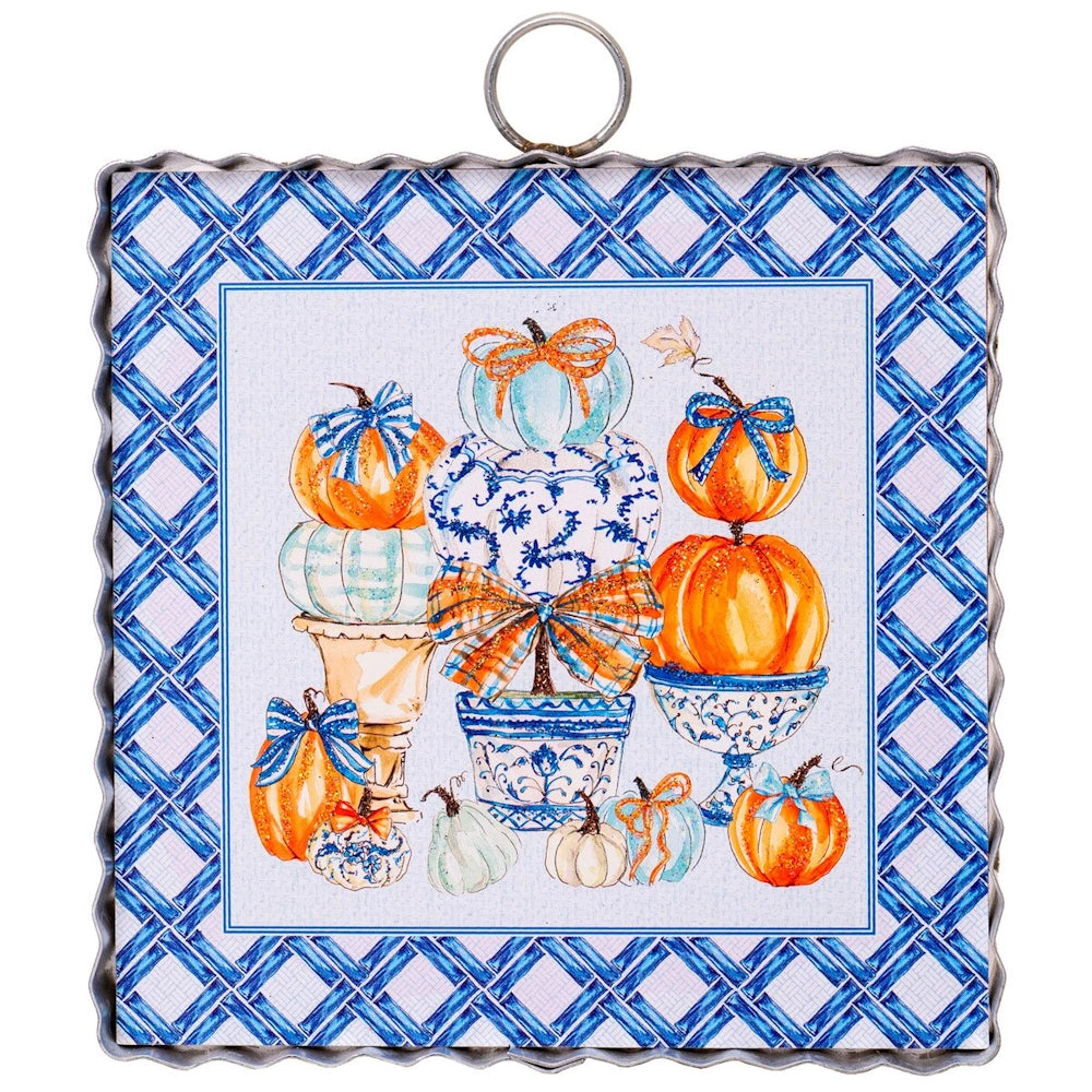 Chinoiserie fall pumpkin topiary art on a square mini gallery board with a blue bamboo lattice frame.