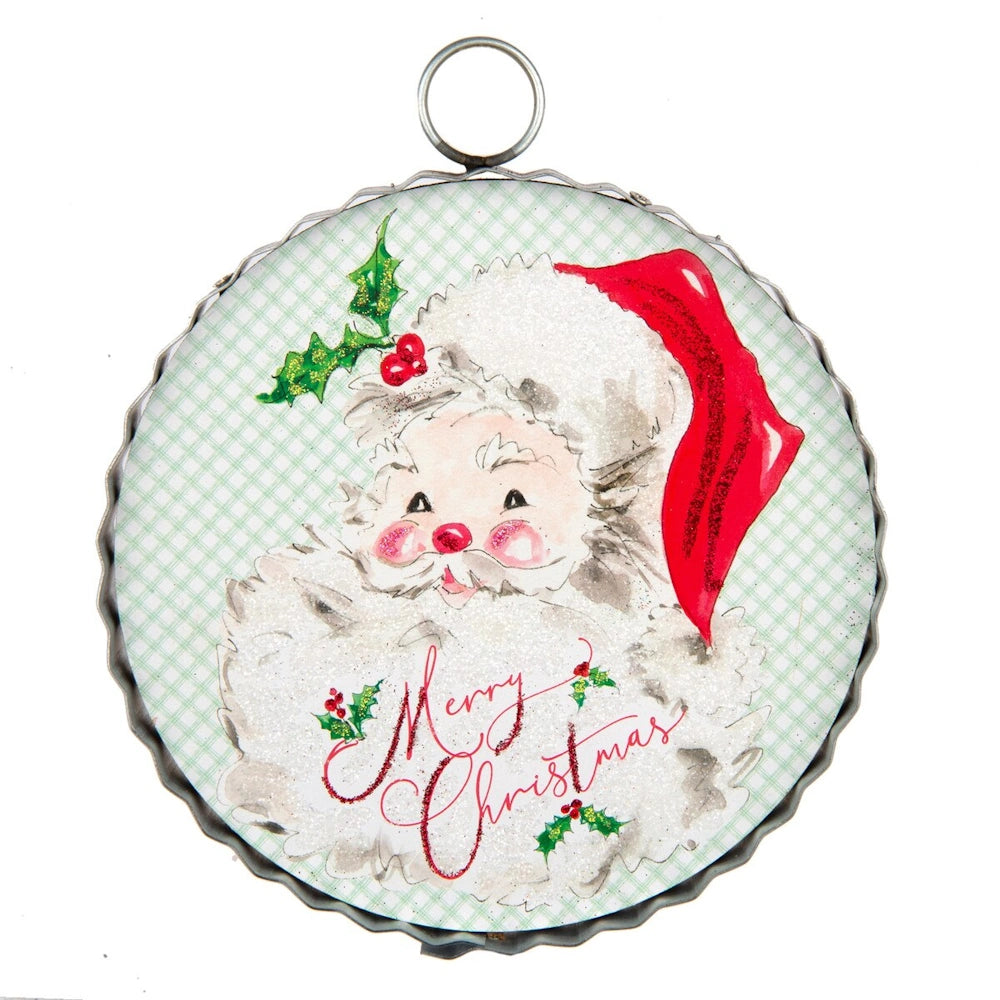 Front view of the round red and green Traditional Santa metal art plaque featuring a painted vintage Santa design.