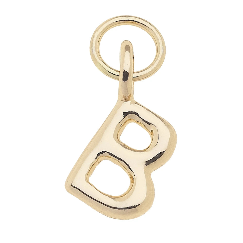 Shiny gold initial charm in the shape of the letter B with a polished finish and small attachment ring for jewelry.