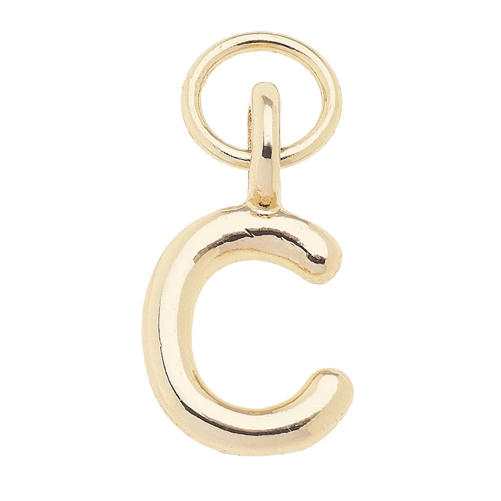 Mini initial letter C charm in shiny polished gold finish with a small attachment ring for jewelry.
