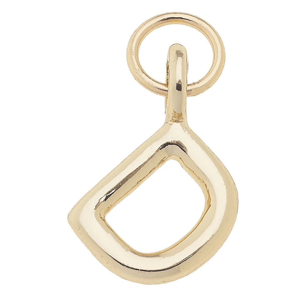 Shiny gold mini initial D charm with a polished finish and top jump ring for jewelry making.